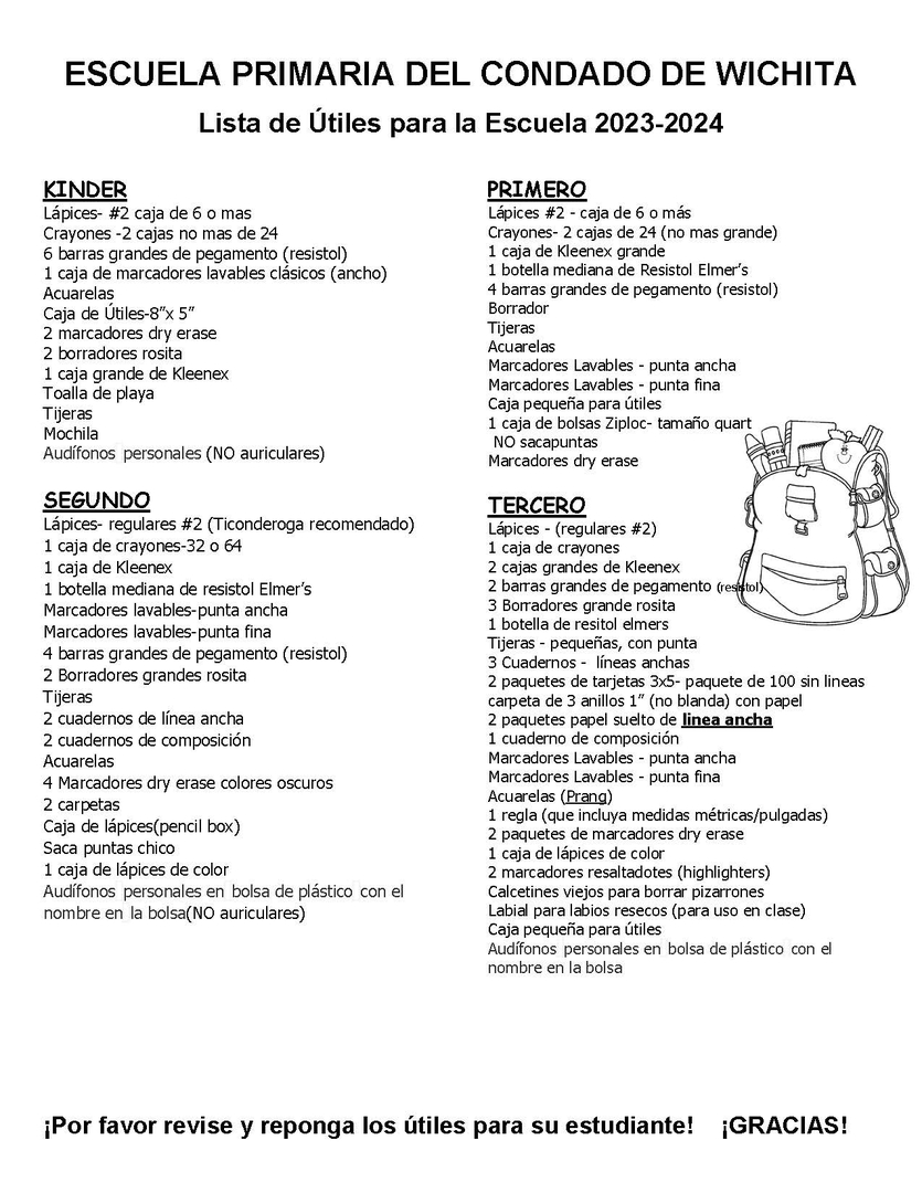 LeotiWichita County USD 467 WCES 202324 Classroom supply list